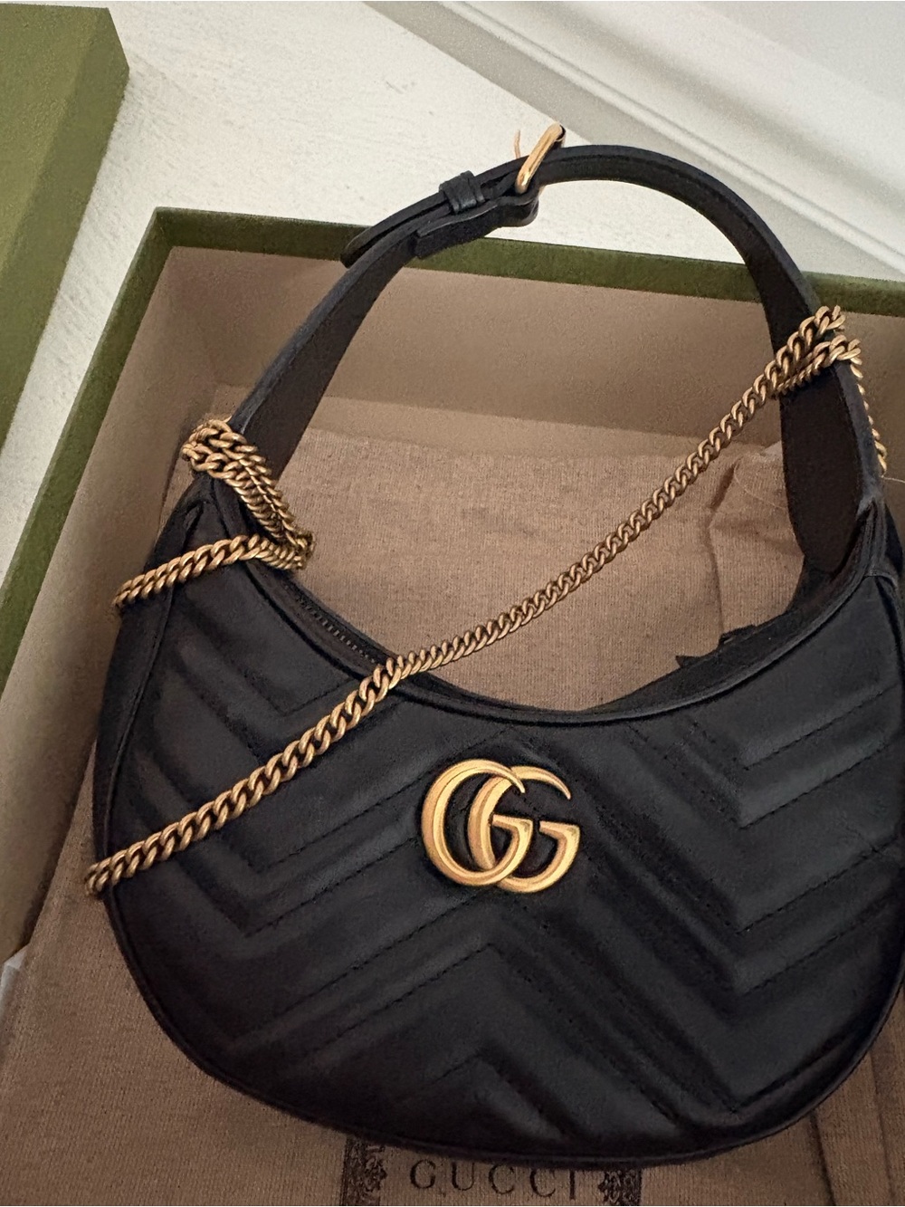 Gucci Black Quilted Shoulder Bag with Gold GG Chain